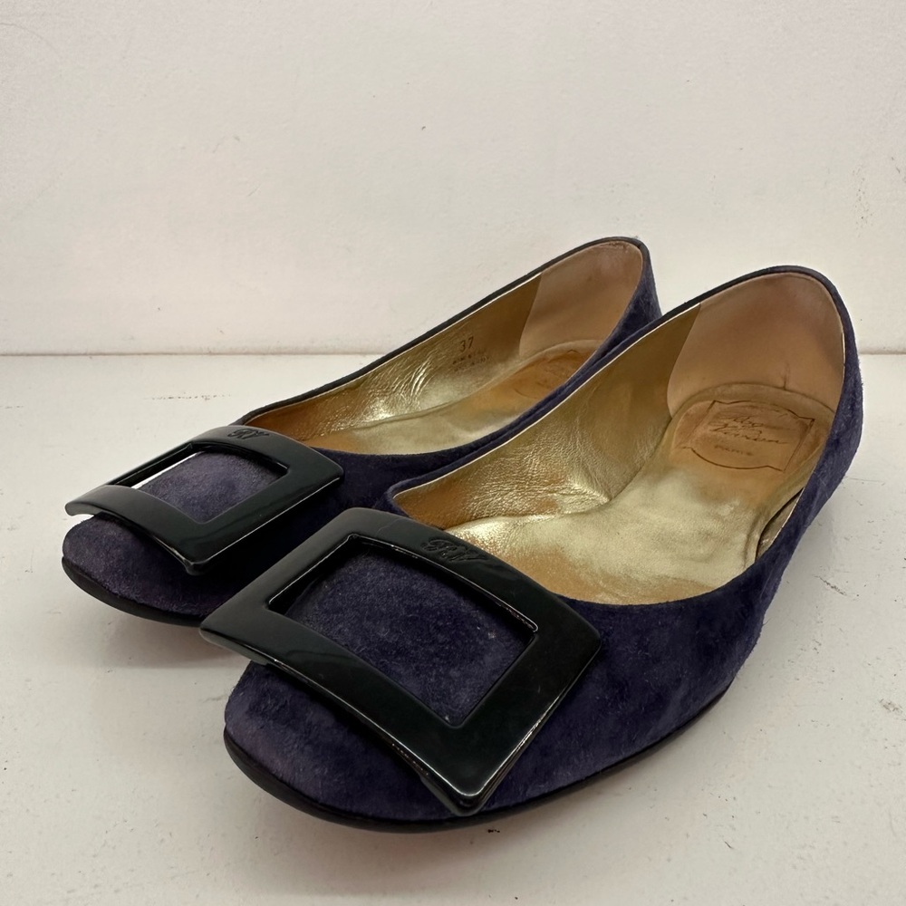 Roger Vivier Purple Suede Flats with Black Buckle